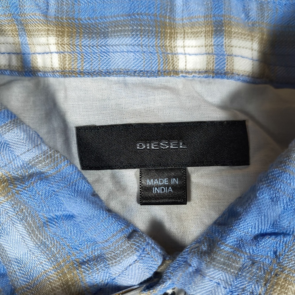 Diesel Shirt Mens Large Blue Plaid Seersucker Button Up Long Sleeve Lightweight - Picture 6 of 12